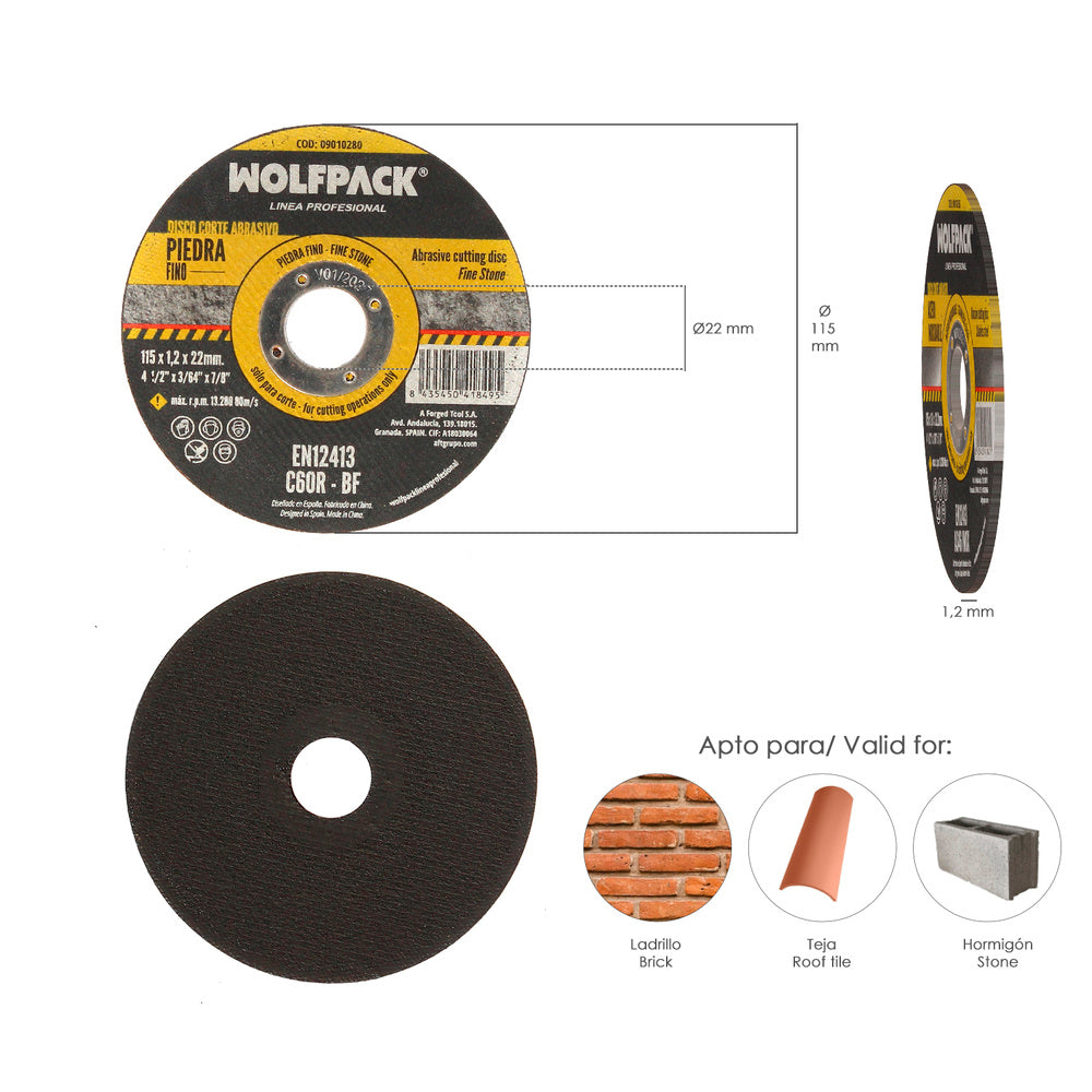 Fine abrasive cutting disc for stone, ø 115 x ø 22 mm, 1.2 mm thick, universal angle grinder disc compatible with all grinders.
