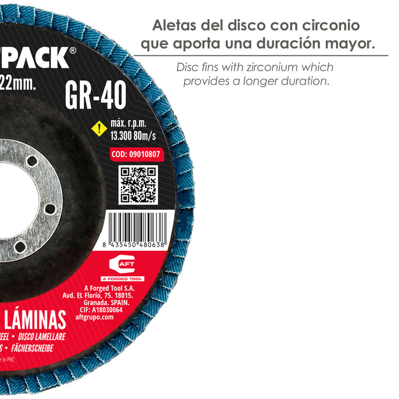Disco laminas lija circonio inox - plus 115x22 mm. grano 40