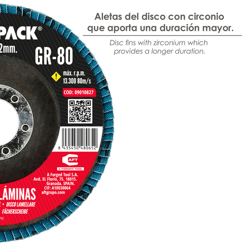 Disco lamina lija circon inox - plus 115x22 mm. grano 80