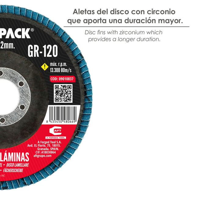 Disco laminas lija circonio inox - plus 115x22 mm. grano 120