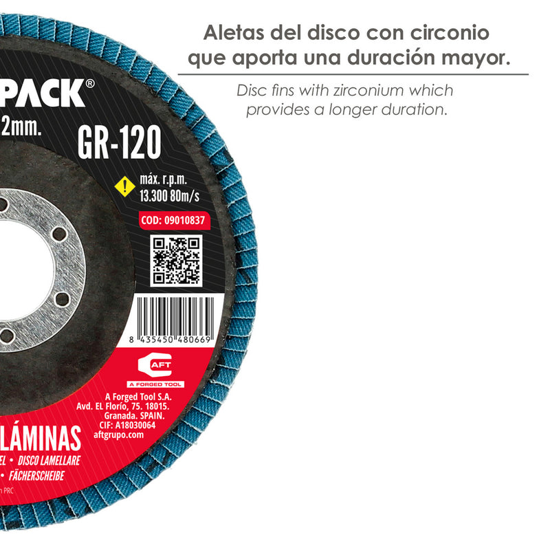 Disco laminas lija circonio inox - plus 115x22 mm. grano 120