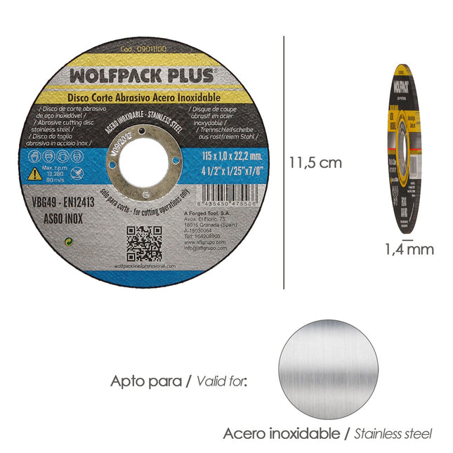 Disco corte abrasivo acero inoxidable ø 115 x 22,2 mm. espesor 1,0 mm