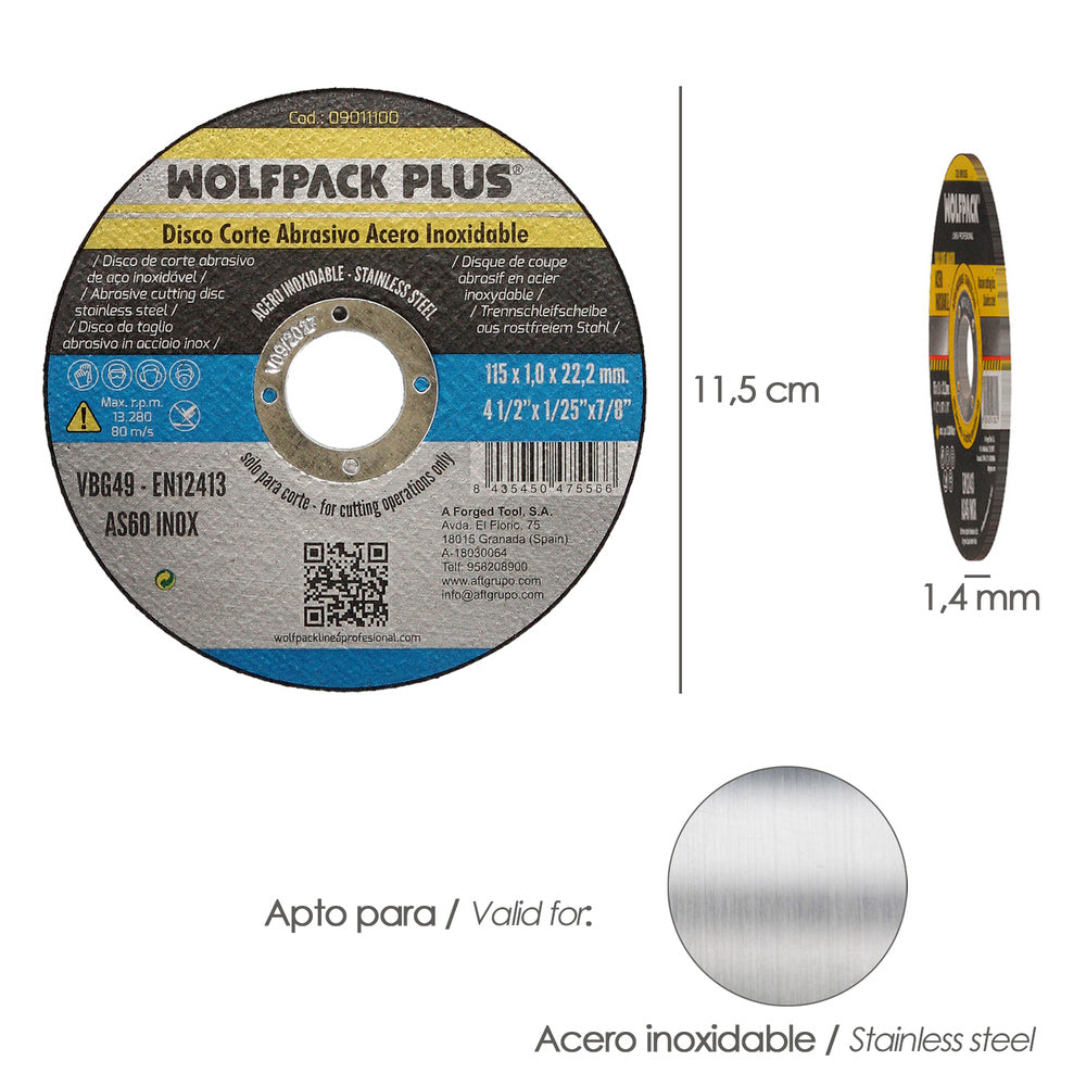 Disco corte abrasivo acero inoxidable ø 115 x 22,2 mm espesor 1,0 mm