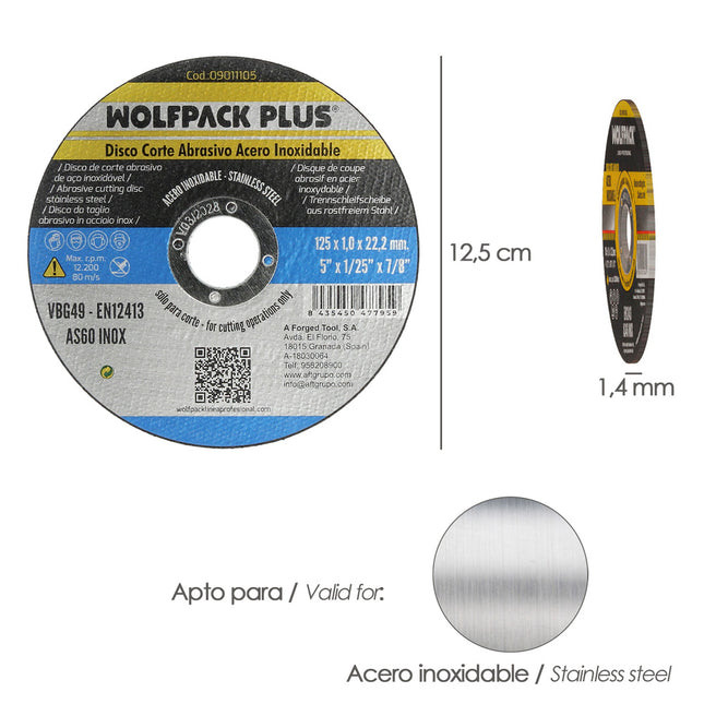 Disco corte abrasivo acero inoxidable ø 125 x 22,2 mm. espesor 1,0 mm