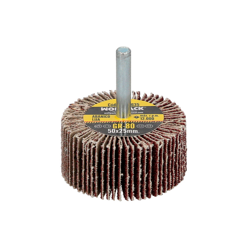 Flap sanding wheel, grit 80, size ø 50 x 25 mm, abrasive disc, laminated wheels, flap wheels, abrasive wheels, sanding, deburring, polishing