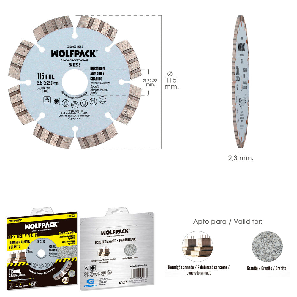 Disco diamante hormigón. armado / granito ø 115 mm segmento diamantado 10 mm