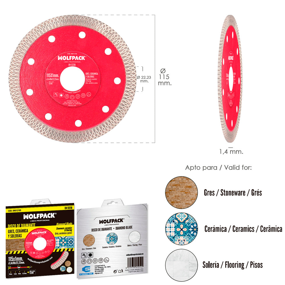 Disco diamante ø 115 mm porcelánicos, gres, cerámica, solerias. Segmento diamantado 10 mm