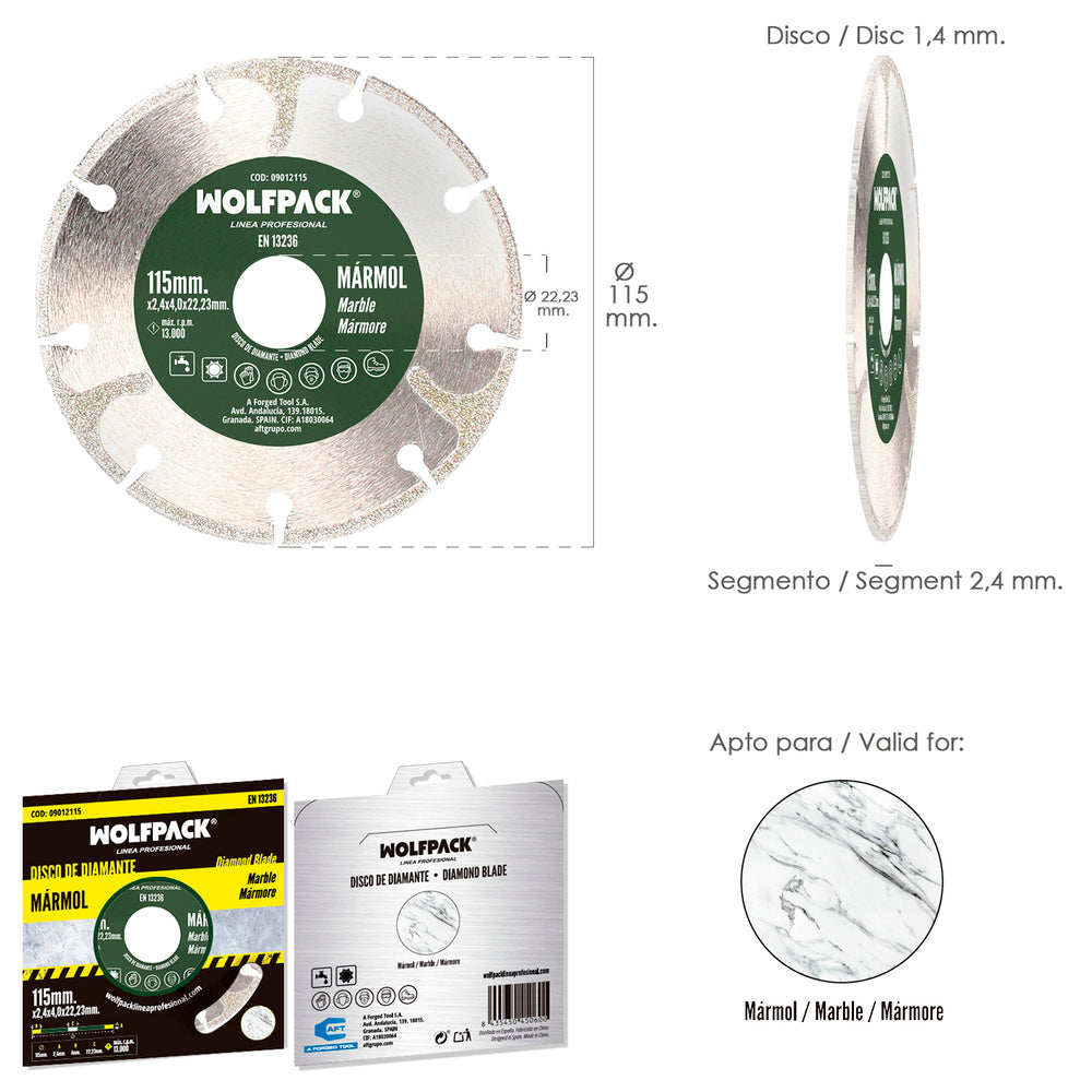 Disco diamante ø 115 mm mármol. Filo especialmente diamantado