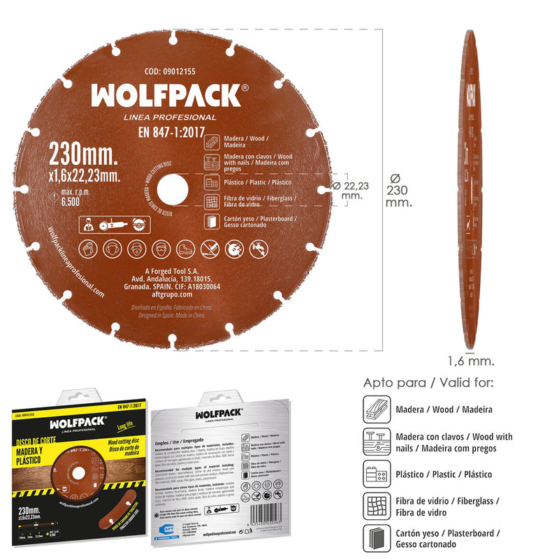 Disco corte madera / plástico ø 230 mm. filo de carburo de tungsteno