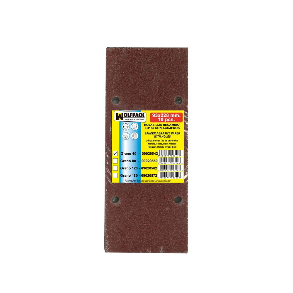 Lija recambio con velcro 93x228 mm con agujeros grano  40 (10 piezas)