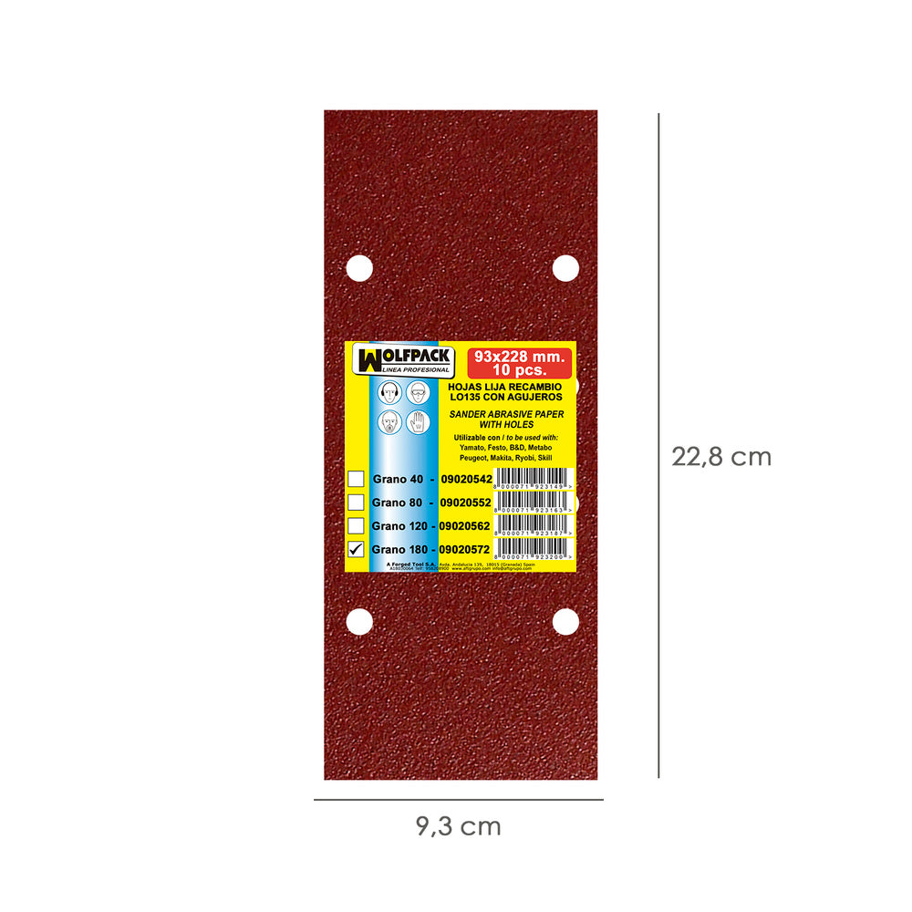 Lija recambio con velcro 93x228 mm con agujeros grano  180 (10 piezas)