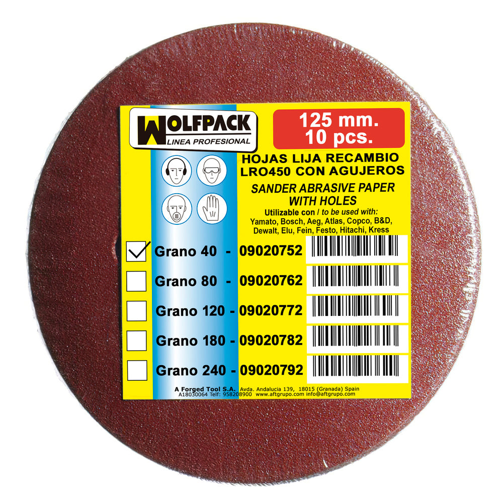 Lija recambio velcro para lijadoras excéntricas disco 125 ø con agujeros grano 40 (10 piezas)