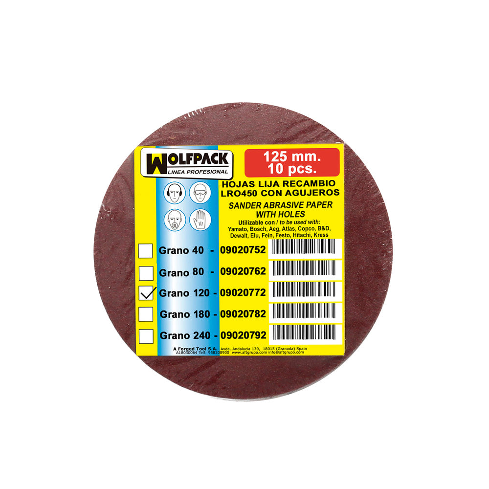 Lija recambio velcro disco ø 125 mm con agujeros grano 120 (10 piezas)
