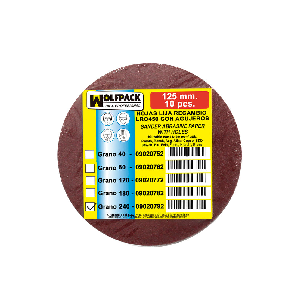 Lija recambio velcro disco ø 125 mm con agujeros grano 240 (10 piezas)