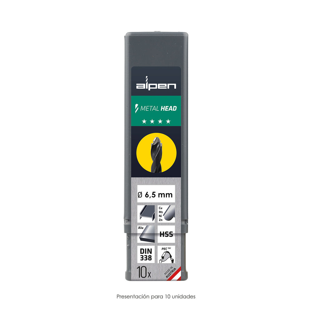 Broca alpen hss metal head ø 6,50 mm. Tecnología pec 3 filos corte, antideslizante, vástago 3 caras, mas rápida, menor esfuerzo