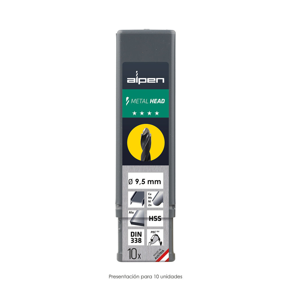 Broca alpen hss metal head ø 9,50 mm. Tecnología pec 3 filos corte, antideslizante, vástago 3 caras, mas rápida, menor esfuerzo
