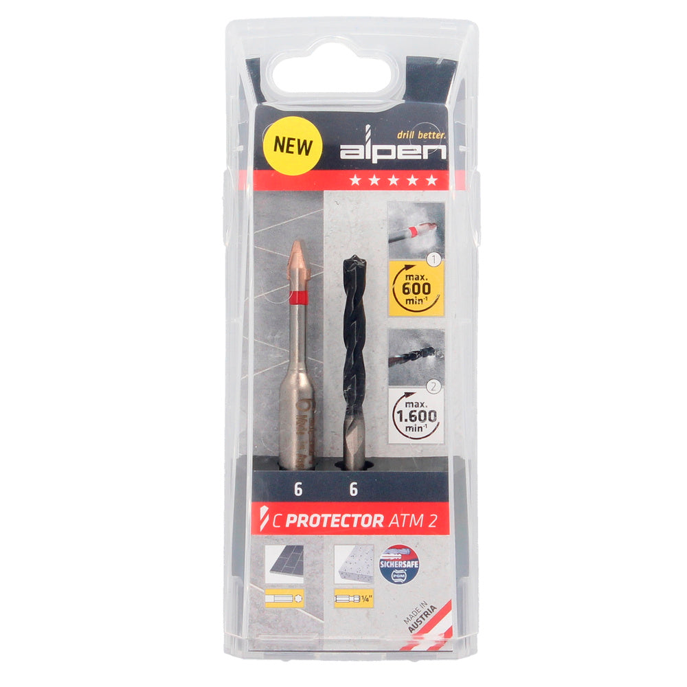 Alpen drill bit for very hard porcelain materials, 6 mm diameter, 2-drill bit kit. No cooling,