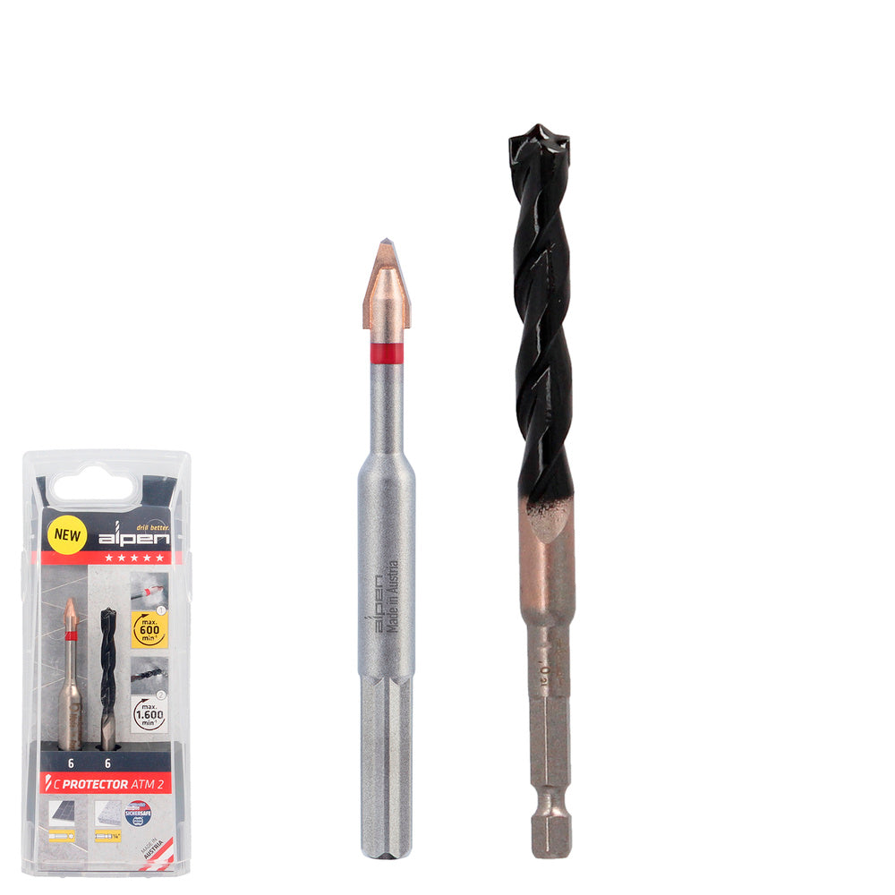Alpen drill bit for very hard porcelain materials, 6 mm diameter, 2-drill bit kit. No cooling,