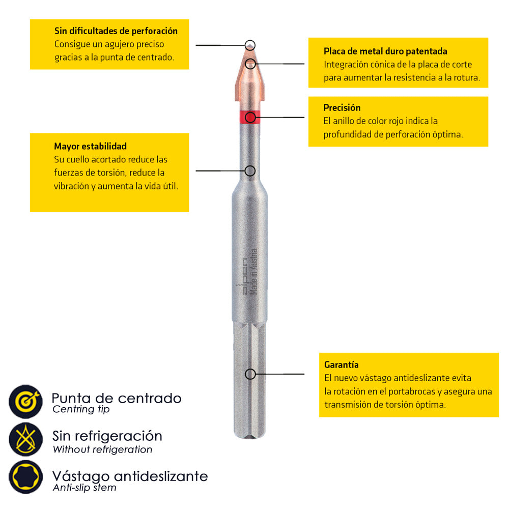 Alpen drill bit for very hard porcelain materials ø 8 mm, kit of 2 drill bits. No cooling.