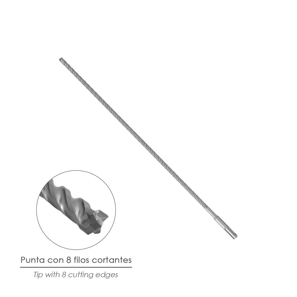 Broca sds plus 8 filos cortantes especial para hormigón armado ø 8 x 450 mm broca paredes, broca cimientos, broca muros