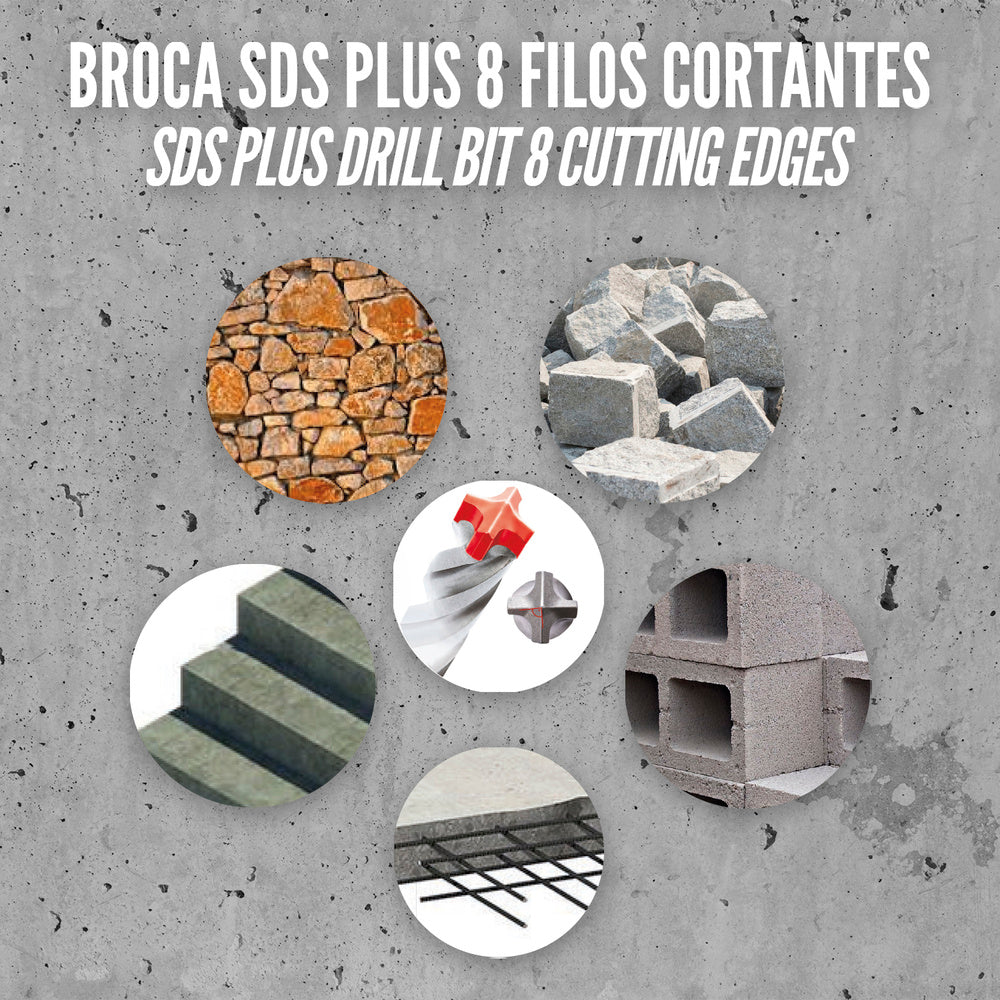 Broca SDS Plus 8 gumes de corte especial para betão armado ø 12 x 210 mm broca paredes, broca alicerces, broca muros