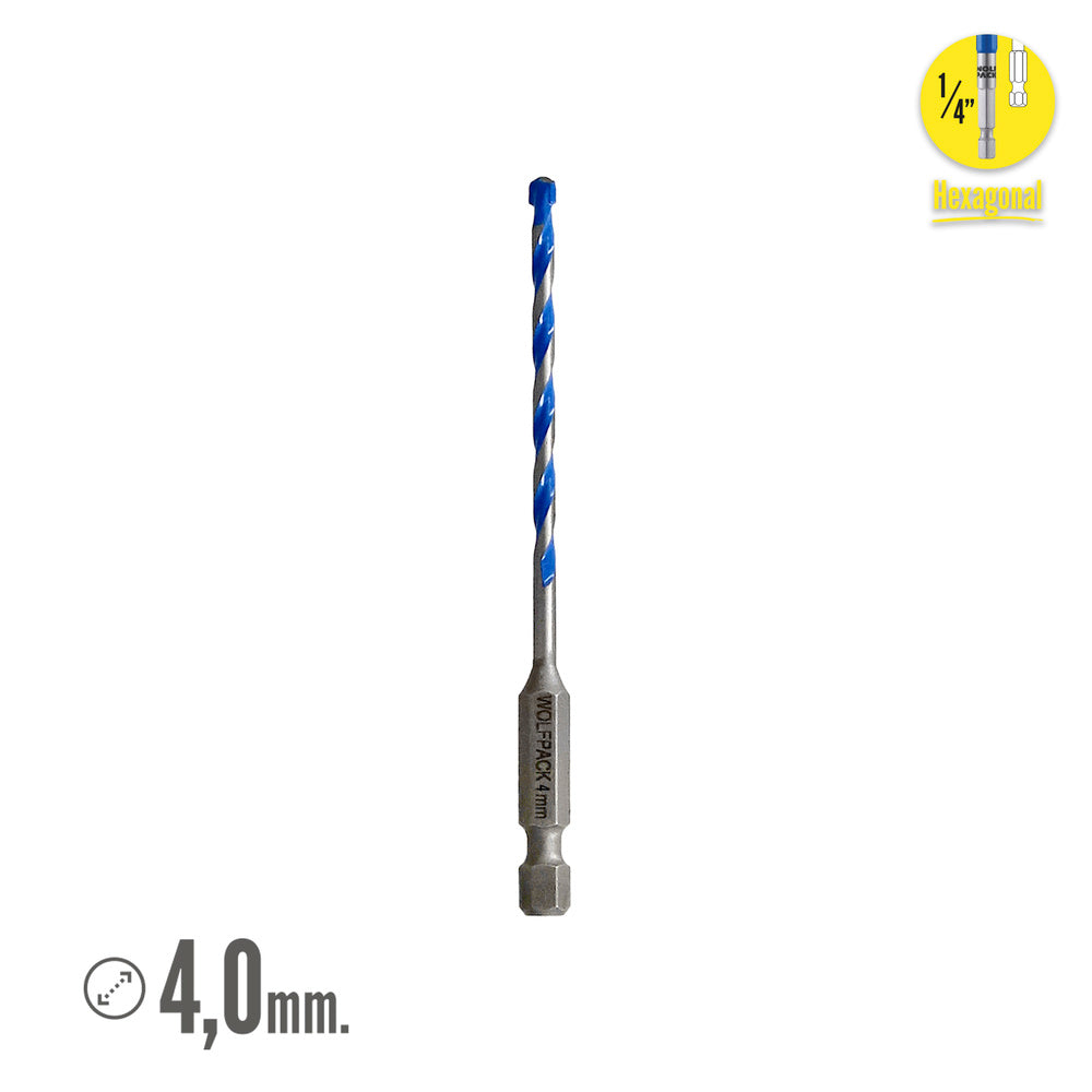 Broca universal hexagonal ø 4,0 mm (blister 1 peça) broca para azulejos, cerâmica, mármore, betão, metal, madeira, plástico