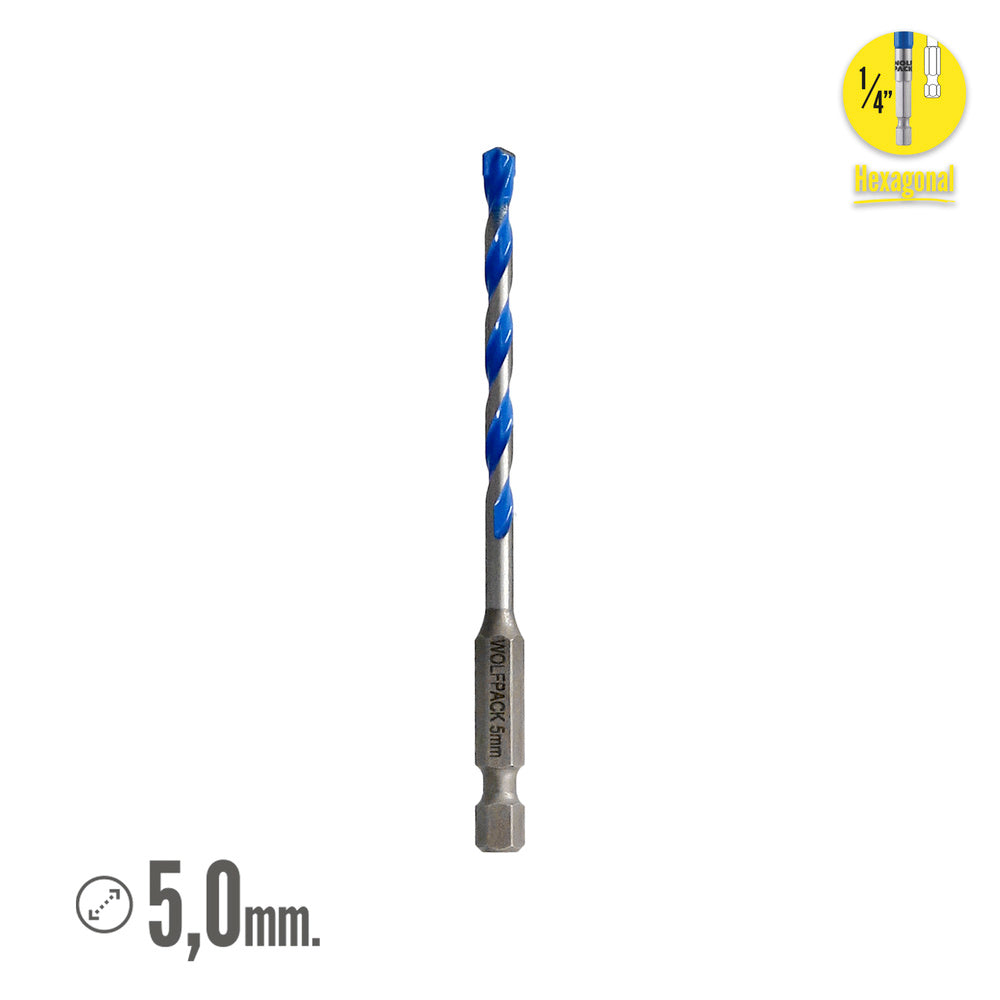 Broca universal hexagonal ø 5,0 mm (blister 1 unidade) broca para azulejos, cerâmica, mármore, betão, metal, madeira, plástico