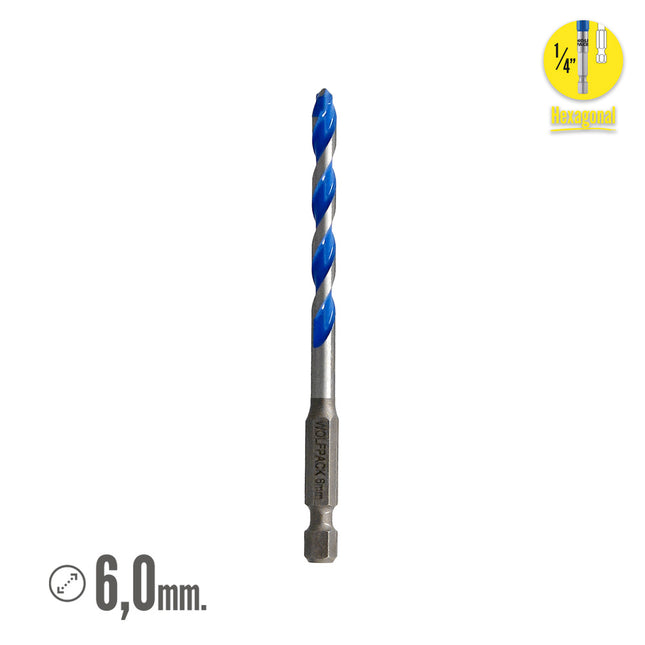 Broca universal hexagonal  ø 6,0 mm. (blister 1 pieza) broca azulejos, cerámica, mármol, hormigón, metal, madera, plástico