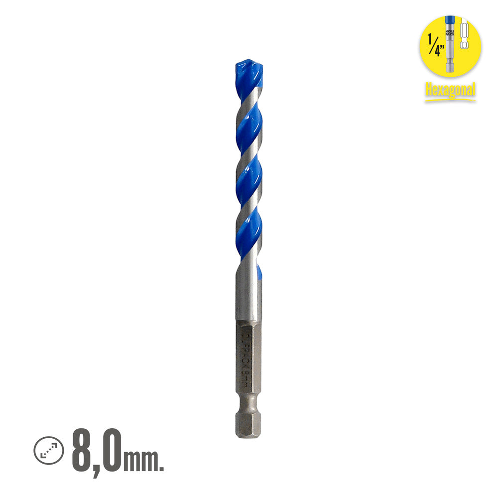 Broca universal hexagonal ø 8,0 mm (blister 1 peça) broca para azulejos, cerâmica, mármore, betão, metal, madeira, plástico