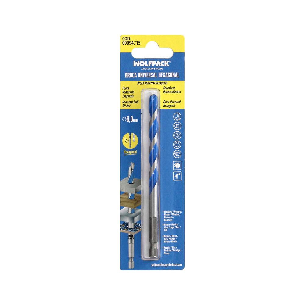 Broca universal hexagonal ø 8,0 mm (blister 1 peça) broca para azulejos, cerâmica, mármore, betão, metal, madeira, plástico