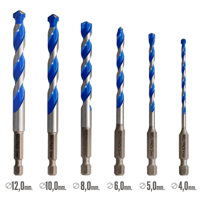 Estuche 5 brocas universal hexagonal  ø 4 / 5 / 6 / 8 10 mm. broca azulejos, cerámica, mármol, hormigón, metal, madera, plástico