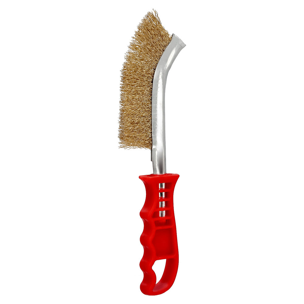 Cepillo acero latonado mango rojo 25 cm cepillo eliminación oxido, pintura, pulido de metales.