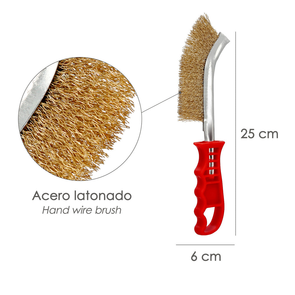 Cepillo acero latonado mango rojo 25 cm cepillo eliminación oxido, pintura, pulido de metales.