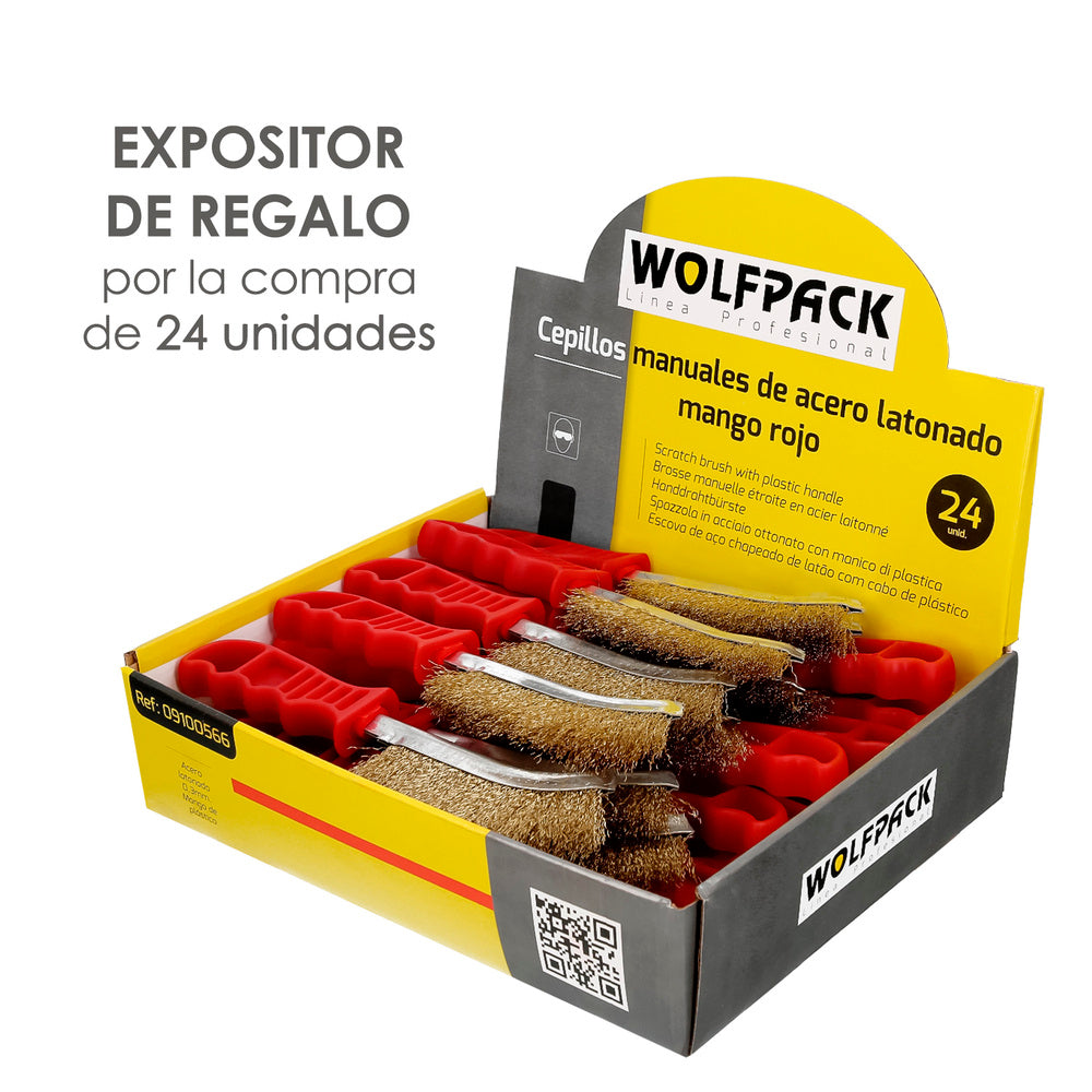 Cepillo acero latonado mango rojo 25 cm cepillo eliminación oxido, pintura, pulido de metales.