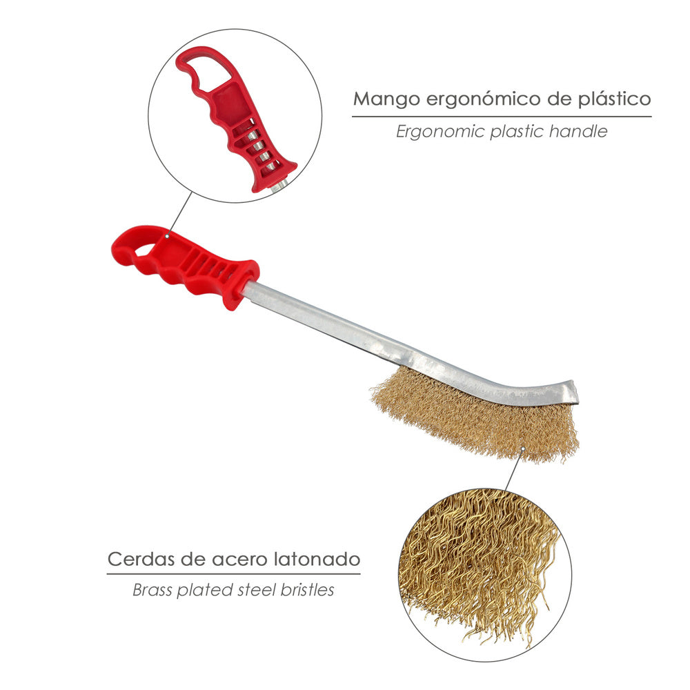 Escova de mãos, aço revestido a latão, cabo vermelho, 34 cm