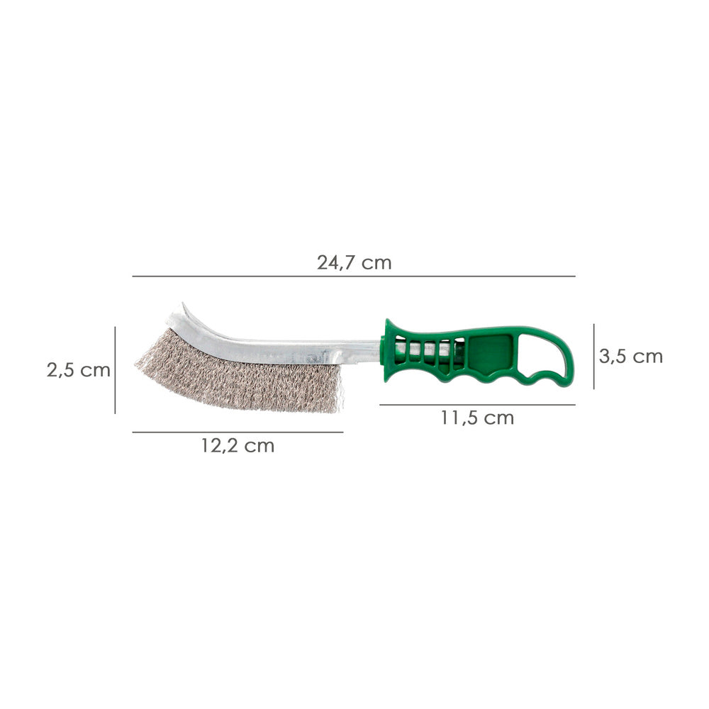 Escova de aço inoxidável, cabo verde, 25 cm, escova para remoção de ferrugem, tinta, polimento de metais.