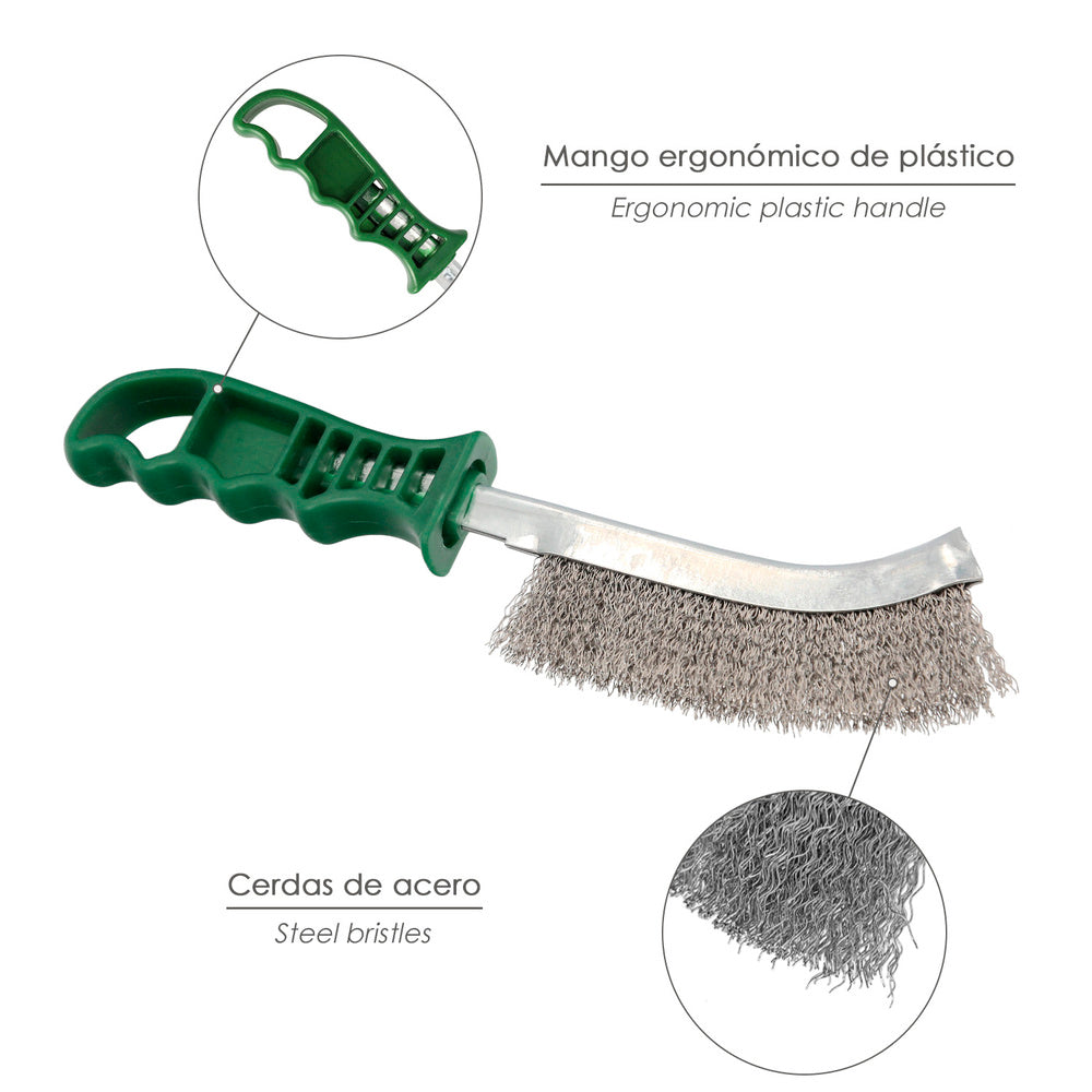 Escova de aço inoxidável, cabo verde, 25 cm, escova para remoção de ferrugem, tinta, polimento de metais.