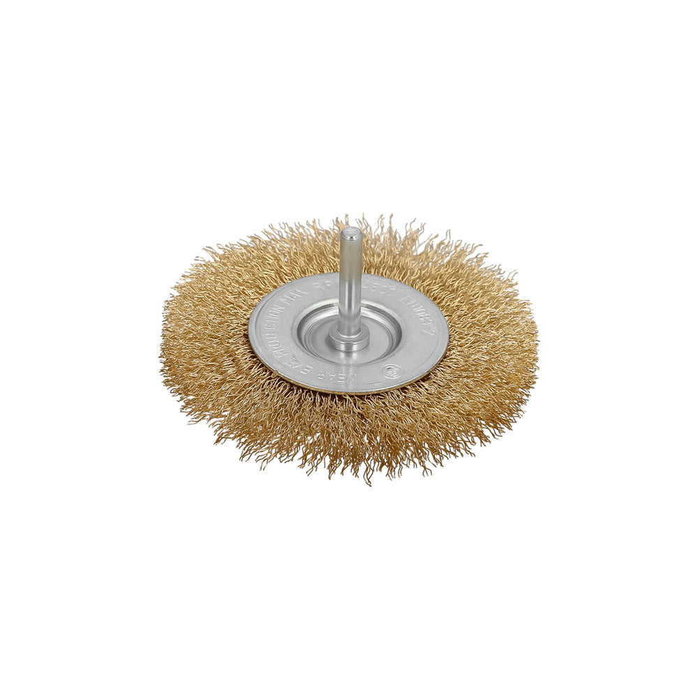 Cepillo acero latonado para taladro. Disco ø 50 mm espiga 1/4" cepillo taladro alambre latón, cepillo limpieza, cepillo pulir.