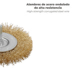 Cepillo acero latonado para taladro. Disco ø 50 mm espiga 1/4" cepillo taladro alambre latón, cepillo limpieza, cepillo pulir.