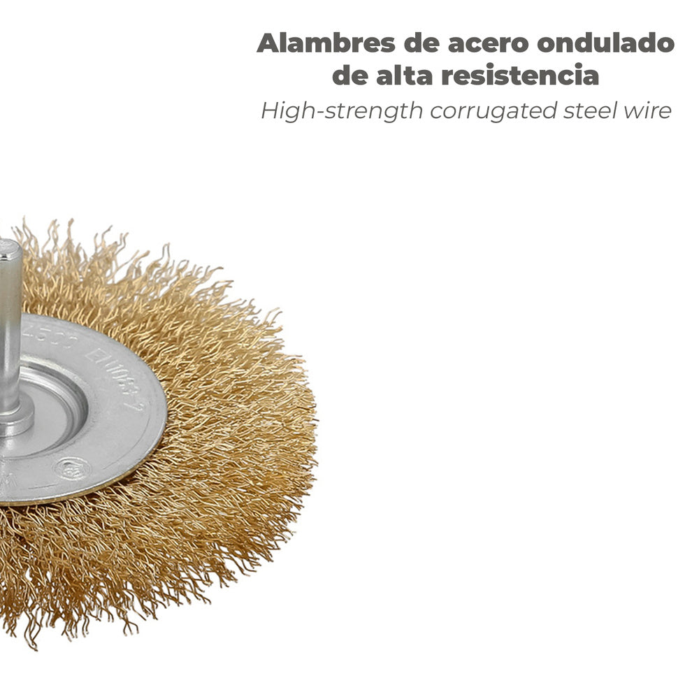 Cepillo acero latonado para taladro. Disco ø 50 mm espiga 1/4" cepillo taladro alambre latón, cepillo limpieza, cepillo pulir.