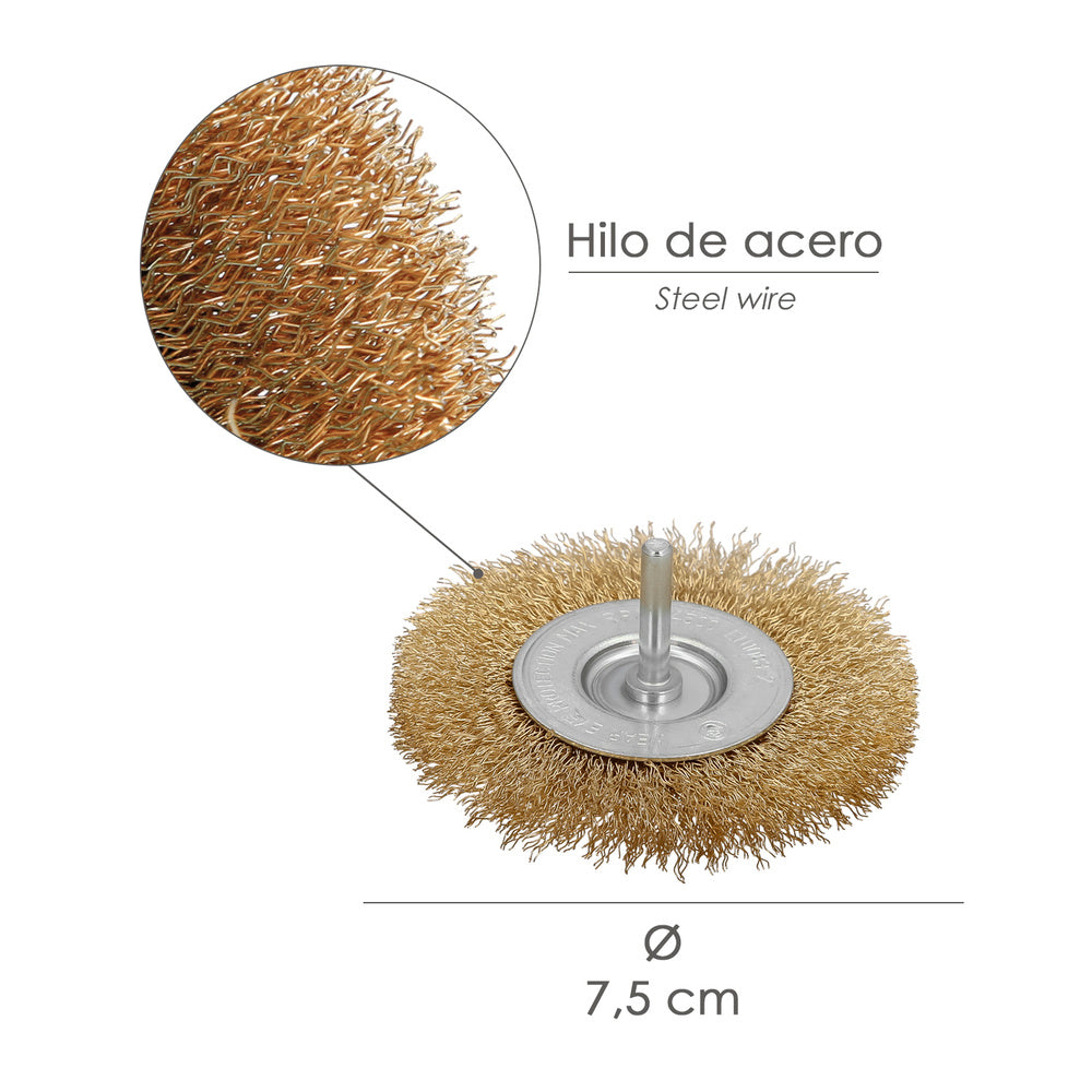 Cepillo acero latonado para taladro. Disco ø 75 mm espiga 1/4" cepillo taladro alambre latón, cepillo limpieza, cepillo pulir.