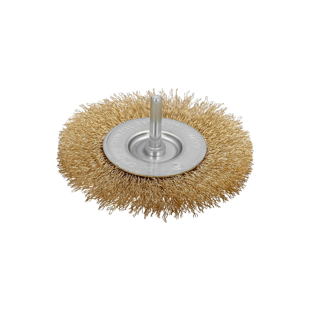 Cepillo acero latonado para taladro. Disco ø 75 mm espiga 1/4" cepillo taladro alambre latón, cepillo limpieza, cepillo pulir.