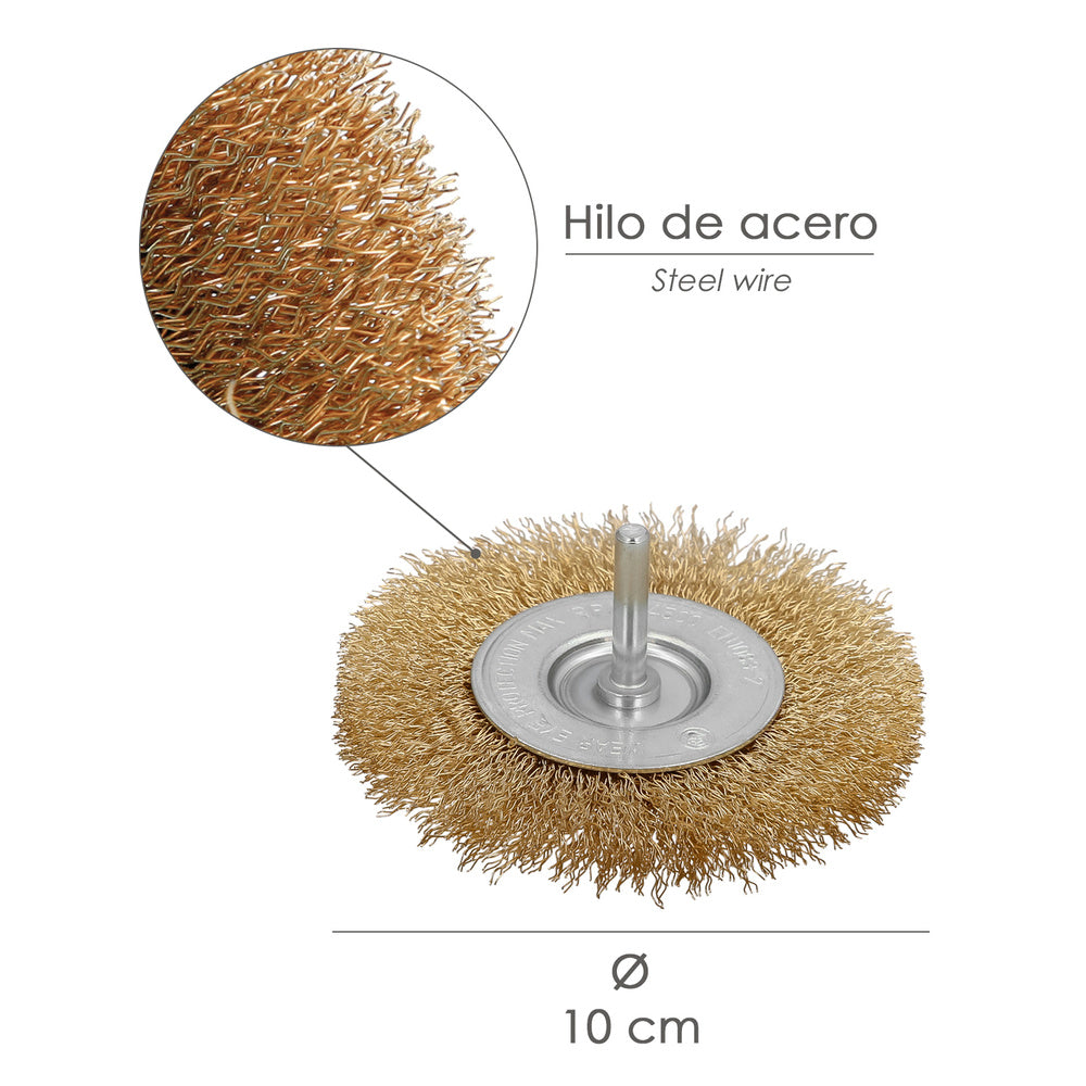 Cepillo acero latonado para taladro. Disco ø 100 mm espiga 1/4" cepillo taladro alambre latón, cepillo limpieza, cepillo pulir.