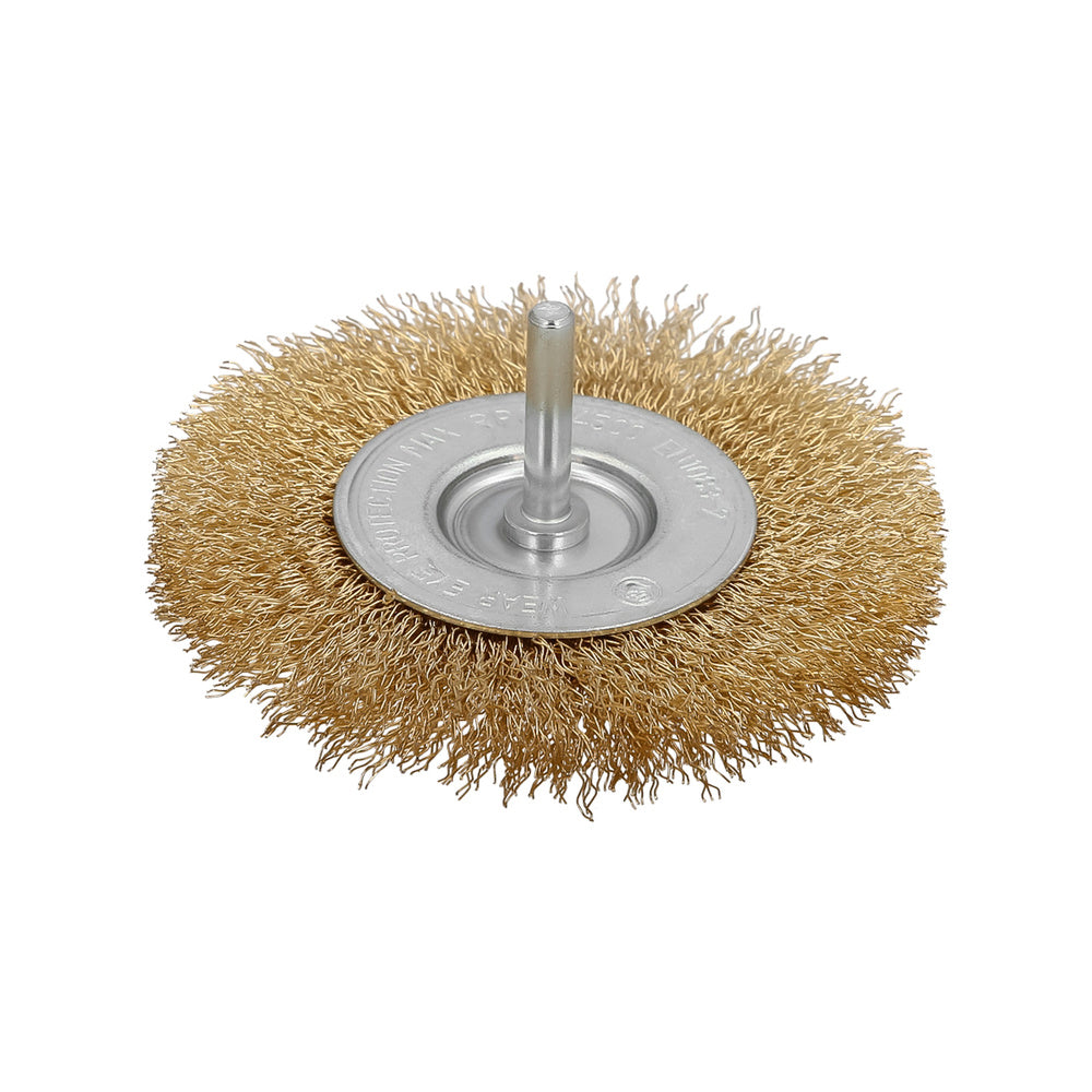 Cepillo acero latonado para taladro. Disco ø 100 mm espiga 1/4" cepillo taladro alambre latón, cepillo limpieza, cepillo pulir.
