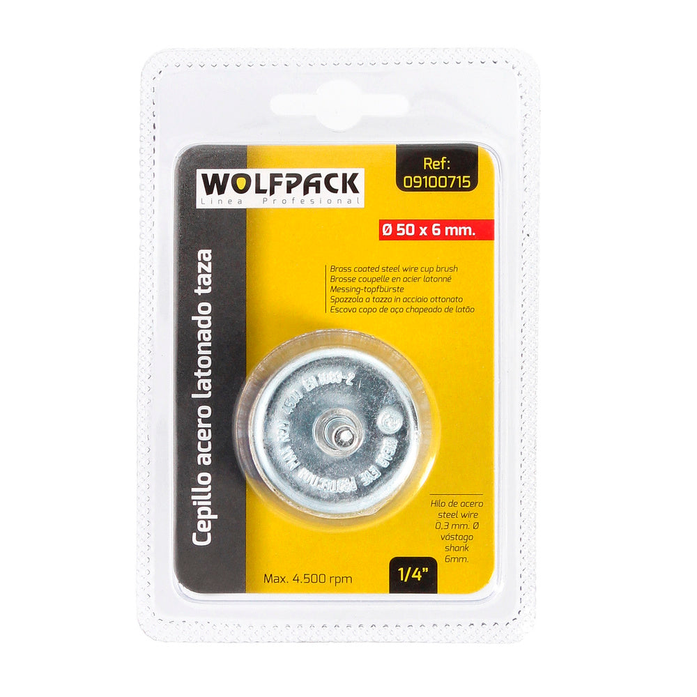 Cepillo acero latonado para taladro taza ø 50 mm espiga 1/4" cepillo taladro alambre latón, cepillo limpieza, cepillo pulir.