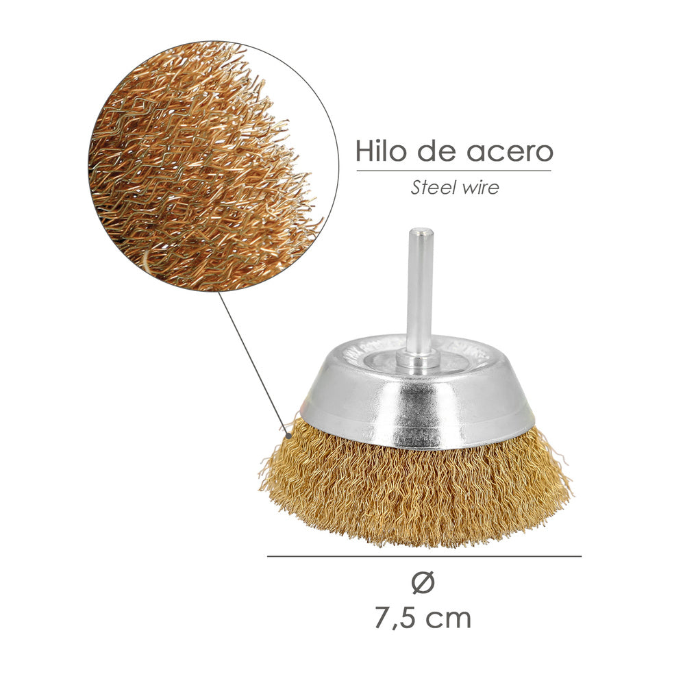 Cepillo acero latonado para taladro taza ø 75 mm espiga 1/4" cepillo taladro alambre latón, cepillo limpieza, cepillo pulir.