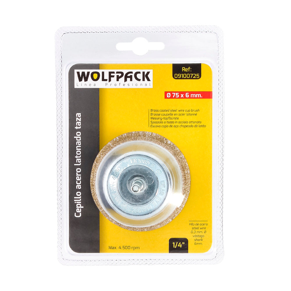 Cepillo acero latonado para taladro taza ø 75 mm espiga 1/4" cepillo taladro alambre latón, cepillo limpieza, cepillo pulir.