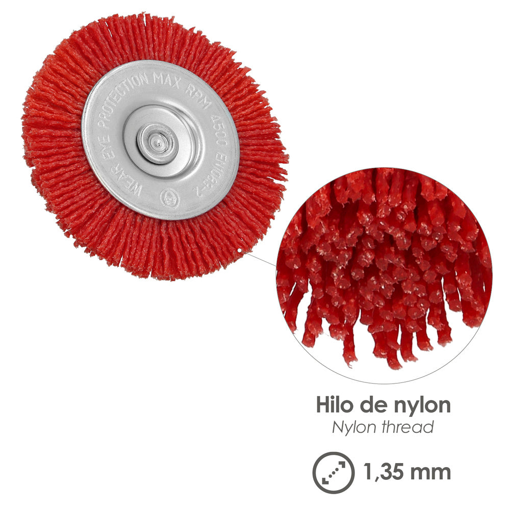 Escova de nylon em disco ø 75 mm 1/4". Lixar e polir madeira, metal, aço inoxidável, escova para berbequim, escova de polir, escova de lixar