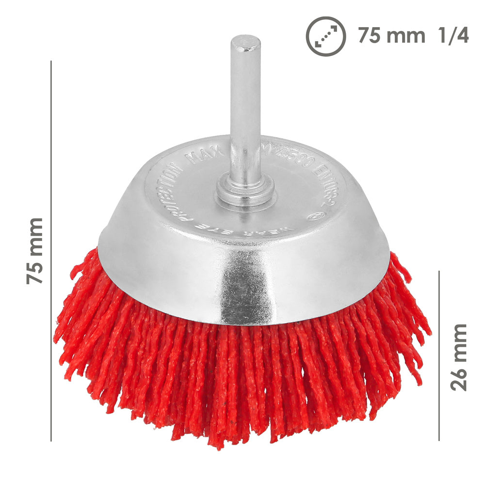 Escova de nylon tipo copo ø 75 mm. 1/4". Escova de lixar em nylon. Escova para berbequim em nylon, escova de arame abrasivo em nylon