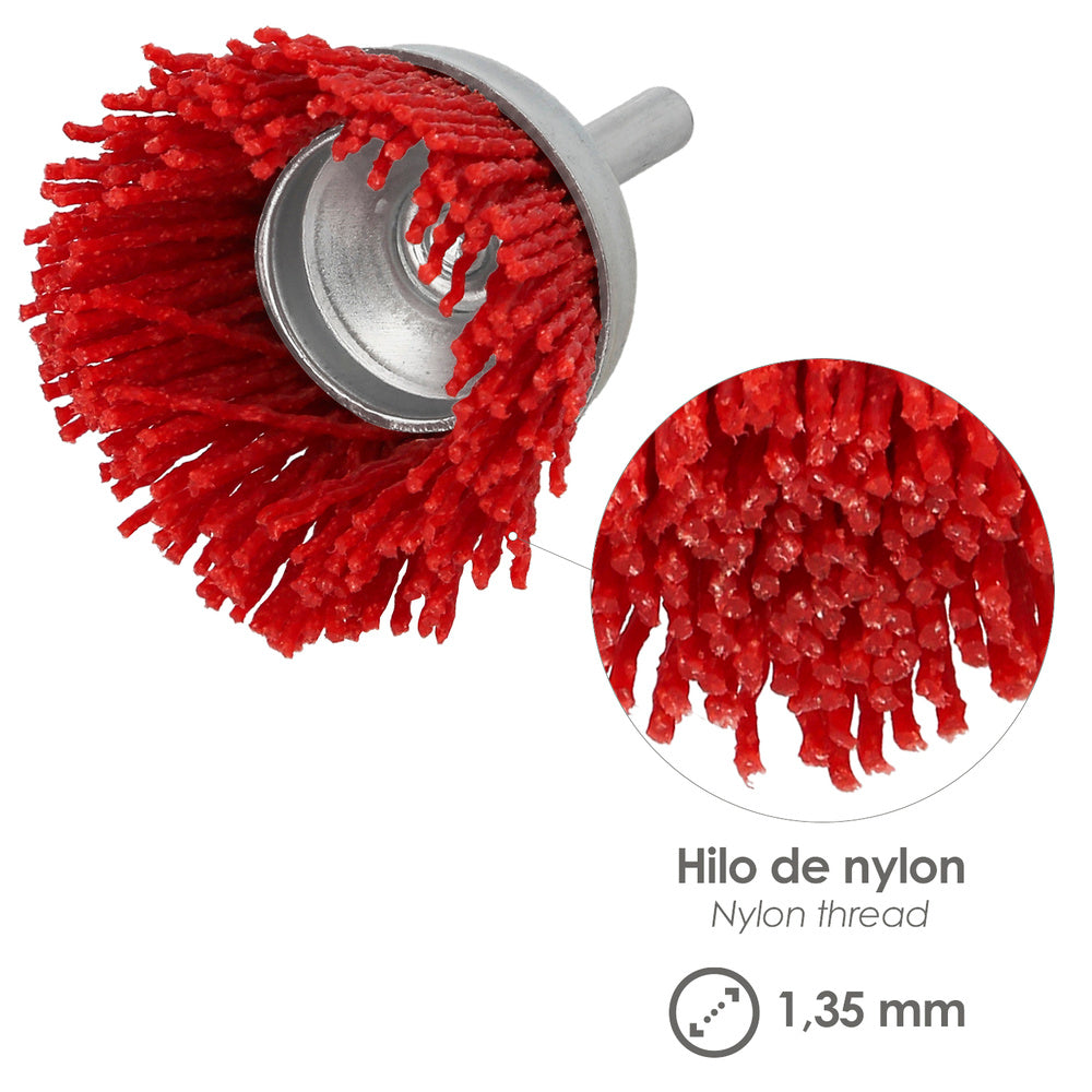 Escova de nylon tipo copo ø 75 mm. 1/4". Escova de lixar em nylon. Escova para berbequim em nylon, escova de arame abrasivo em nylon